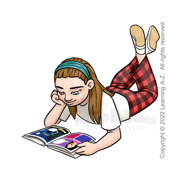 A white girl aged 7-9 lays on her stomach on the floor reading manga. She has light brown hair and gray eyes. Heir hair is loose but pulled back with a fabric headband. She is wearing a t-shirt, red plaid pajama pants, and sneakers.
The image is watermarked with the artist's logo and a line of text noting the client's copyright as, "Copyright (c) 2022 Learning A-Z. All rights reserved."