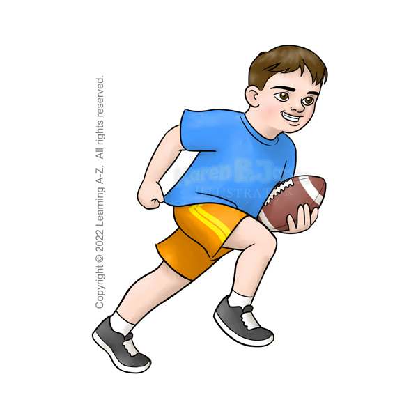 A white boy running with a football.  He's wearing orange shorts, a blue shirt, and sneakers.  His hair and eyes are dark brown.  

The image is watermarked with the artist's logo and a line of text noting the client's copyright as, "Copyright (c) 2022 Learning A-Z.  All rights reserved."
