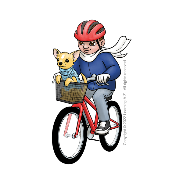 A white child riding a red bicycle with a chihuahua dog in the basket.  They are wearing a navy winter coat, white scarf, jeans, and black sneakers.  He's wearing a bike helmet.  The dog is wearing a blue sweater.  

The image is watermarked with the artist's logo and a line of text noting the client's copyright as, "Copyright (c) 2022 Learning A-Z.  All rights reserved."