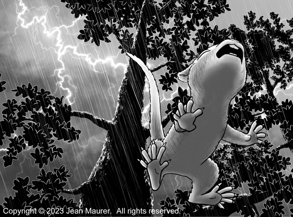 A cartoon illustration of a baby squirrel falling from a tree during a nighttime thunderstorm.  The view is from below looking up.  Lightning splits the sky and the lighting is backlit and dramatic.