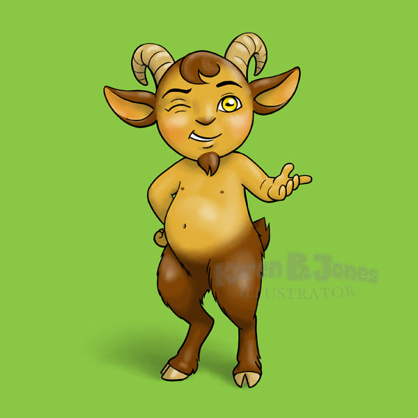A cute cartoon satyr stands with one hand on his hip and the other gesturing as if encouraging the viewer to come take his hand.  He is smiling and winking.  As a satyr, he has goat legs and a tail, horns, goat ears, a small goatee, a brown tip on his nose, and his golden eyes have a goat-like horizontal pupil.  As a cartoon, he has a small body and huge head with disproportionately large eyes.  He is isolated on a green background.  