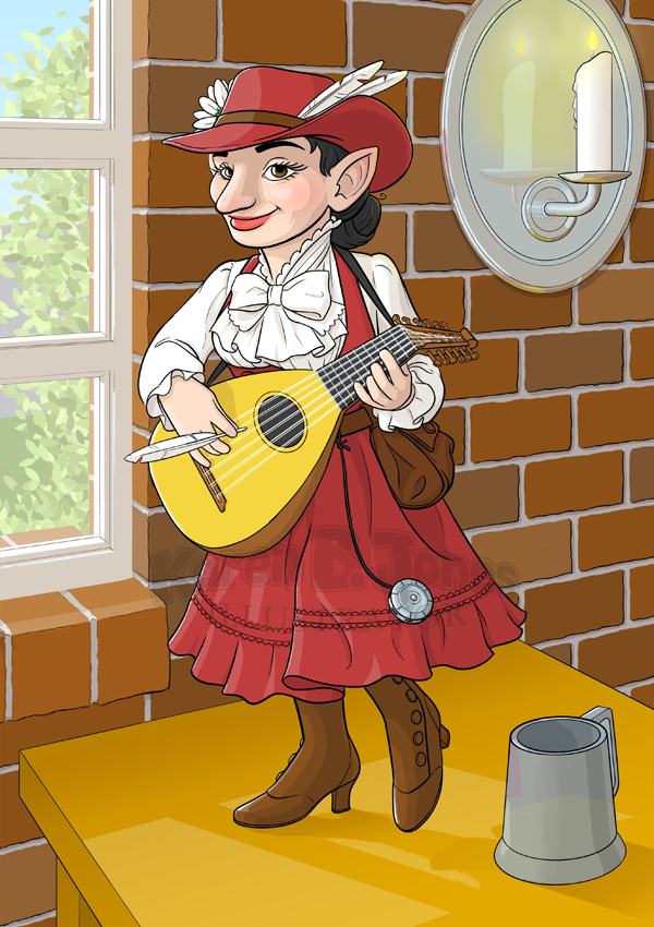 An illustration of a gnome bard for a dungeons and dragons game.  She is standing on a table and holding a mandola.  