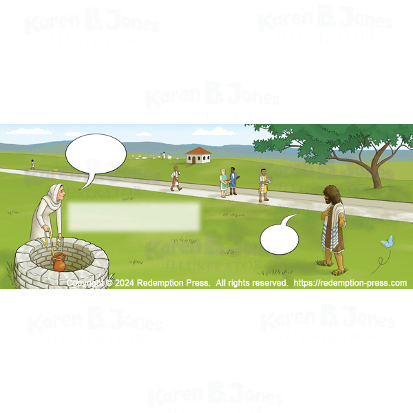 A cartoon illustration depicting Jesus and a woman talking.  She is gathering water from a well while Jesus gestures towards himself to emphasize his words.  
