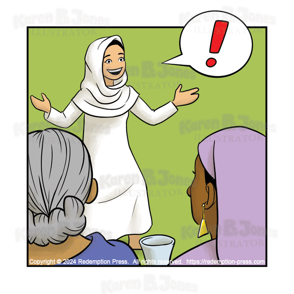 A cartoon illustration depicting a woman excitedly talking to two other women.  Her speech is indicated by a speech bubble containing a large, red exclamation mark.  
