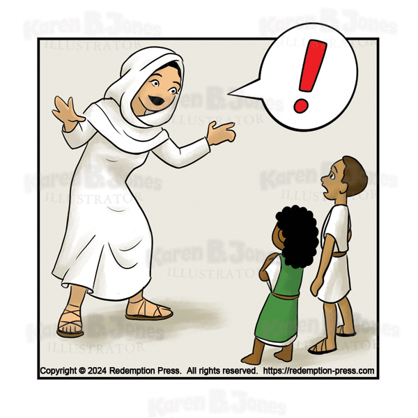 A cartoon illustration depicting a woman excitedly talking to two children.  Her speech is indicated by a speech bubble containing a large, red exclamation mark.  