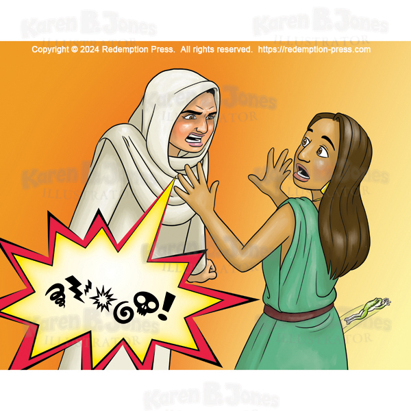 A cartoon illustration of a woman losing her temper and cussing at another woman.  A spikey speech bubble contains the traditional symbols that indicate she is using profanity.  The women are dressed in classic Roman-style clothing.,  