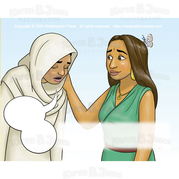 A cartoon illustration of a woman apologizing to her friend who forgives her.  They are both wearing Roman-style clothing from around the time of Jesus' life.  