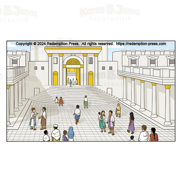 A cartoon illustration depicting Jews standing around outside the Second Temple in Jerusalem.  The men are going up into the temple to pray.  The people are wearing Roman-style clothing of the fashion worn during the time period Jesus lived.  