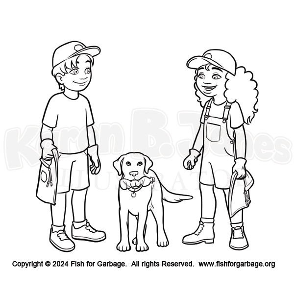 Two kids stand together with a dog.  They are wearing summer clothes, gloves, bags, and Fish for Garbage baseball hats.  The dog is holding a plastic bottle in its mouth.  