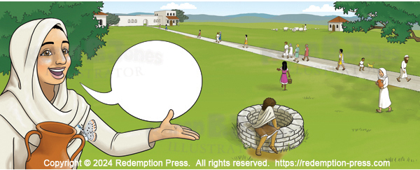 The Narrator gestures to the first scene of the book behind her. A speech bubble indicates she is speaking. Behind her, Jesus sits on the edge of a well by a road leading to a town. People are walking on and around the road. A duplicate of the narrator approaches the well.