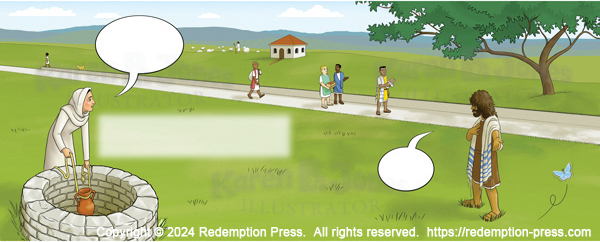 The woman is drawing water from the well while speaking to Jesus. Jesus also speaks while gesturing to himself. Their speech is indicated by speech bubbles. Behind them, people walk along the road and the distant scenery can be seen.