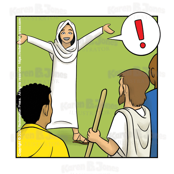 The excited woman explains what she has learned to three men. Her speech is indicated by a speech bubble containing only a red exclamation point.