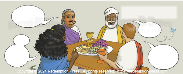Four people from the previous panel sit around a table having a meal. They are discussing what they learned from Jesus. Speech bubbles indicate they are talking.