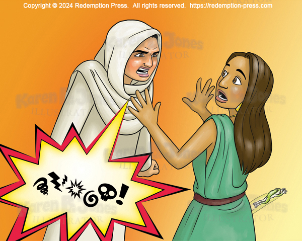 The woman has lost her temper and is cursing at another woman. Her foul language is indicated by cartoon cursing symbols within a spiked speech bubble.