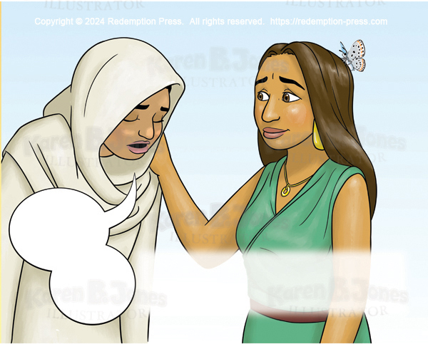 The woman apologizes to the other woman who forgives her. The speech is indicated by speech bubbles.