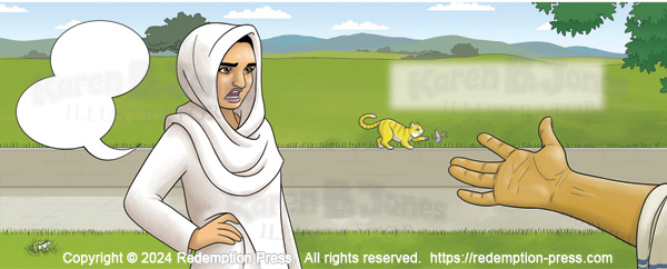 A woman with one hand on her hip looks disgusted as she speaks. on the other side of the page, Jesus's hand and arm is held out to her in request. Behind both is the road and distant scenery.
