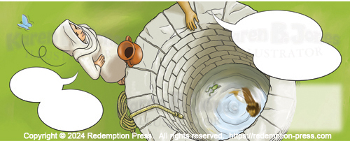 A bird's eye view of Jesus and the woman standing around the well. Jesus is out of frame except for one arm but he is seen in reflection in the water in the well.