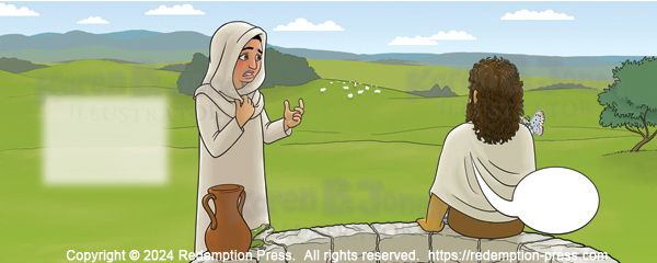 The woman stands by the well with her hand on her chest. She is embarrassed as she speaks to Jesus, who is sitting on the edge of the well. Behind them is a view of the distant scenery.