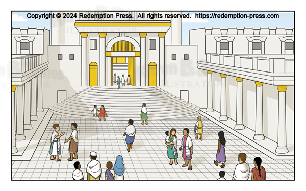Jewish people milling around in front of the second temple in Jerusalem.