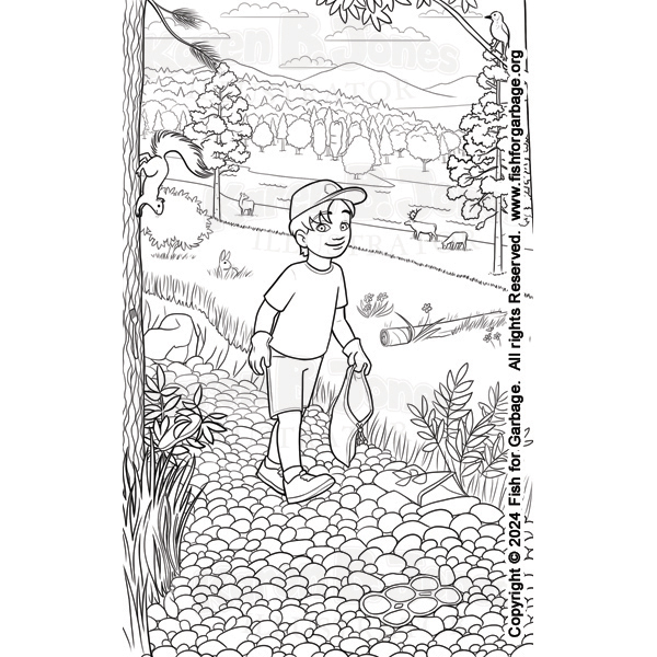 A hidden picture puzzle of a boy walking down a gravel path.  Behind him is a patch of woods, a river, more forest, and a distant mountain.  Items of trash are hidden in the picture for children to find.  
