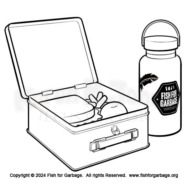 A metal lunchbox containing a sandwich, apple, and carrot sticks.  Next to it is a reusable water bottle with the Fish for Garbage logo on it.  