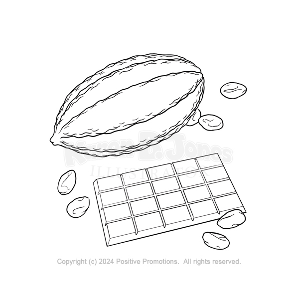 A cocoa pod, several cocoa beans, and a chocolate bar.