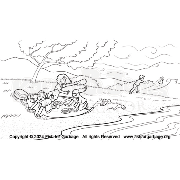 A group of kids are having a picnic on a windy day beside a river.  Trash is flying away, and the kids are trying to catch it.  