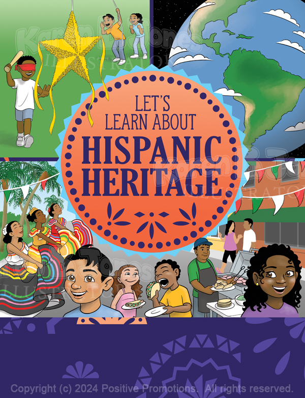 A cover for a children's workbook about Hispanic Heritage.  The title reads, "Let's Learn About Hispanic Heritage," and is located in a circle at the center.  In the top left corner is a scene of three children, one of which is blindfolded and trying to hit a star-shaped pinata with a bat.  In the top right is a cartoon drawing of the Earth as seen from space, with the Americas turned to the viewer.  Along the bottom is a scene depicting a Cinco de Mayo celebration.  It includes traditional dancers (3 women), A man grilling and making tacos, 2 kids eating tacos, and two smiling children in the foreground. In the background there is a couple walking in front of some shops along the street.  The dancers are lined up in front of a sidewalk with palm trees behind them.  
